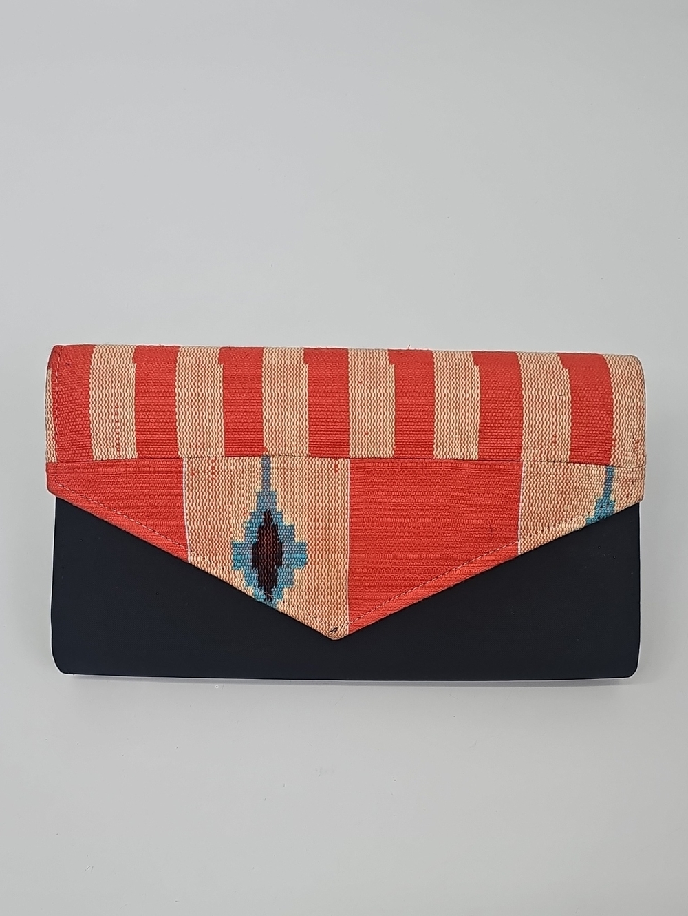 Black Cloth Clutch Purse w Ethnic Colorful Design Orange Yellow Green